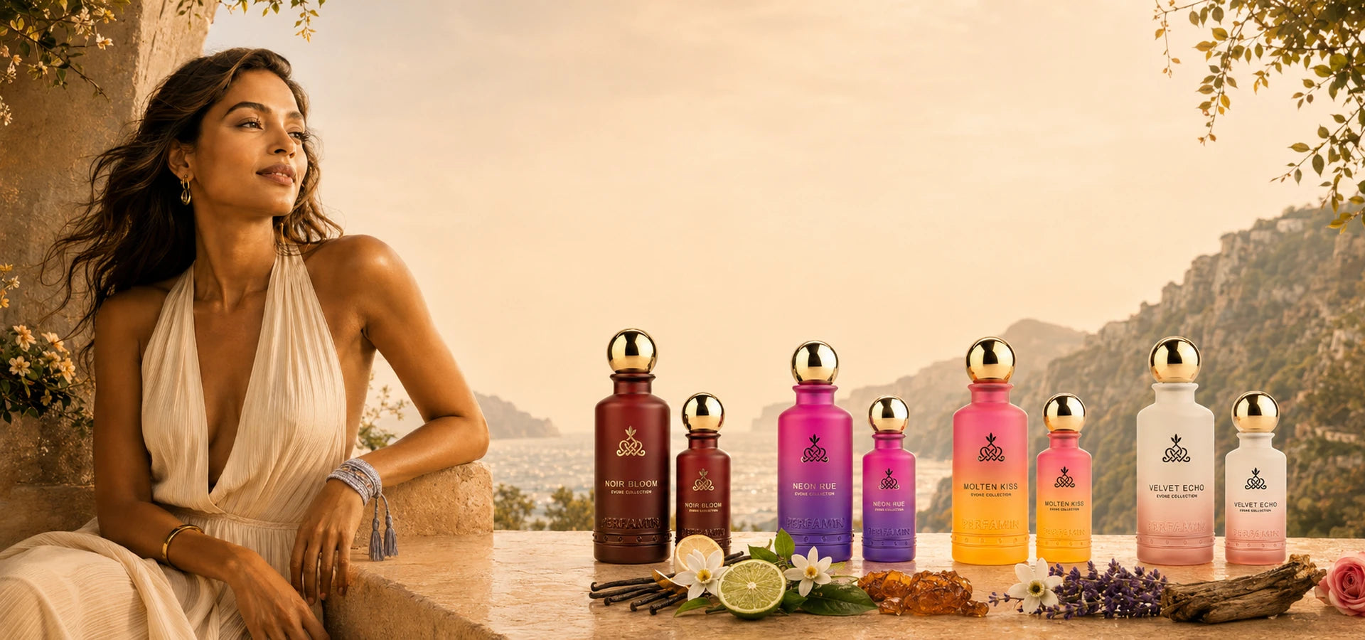 Perfamin Build Your Scent Wardrobe bundle hero with Evoke Collection perfume bottles in a golden-hour luxury fragrance scene.