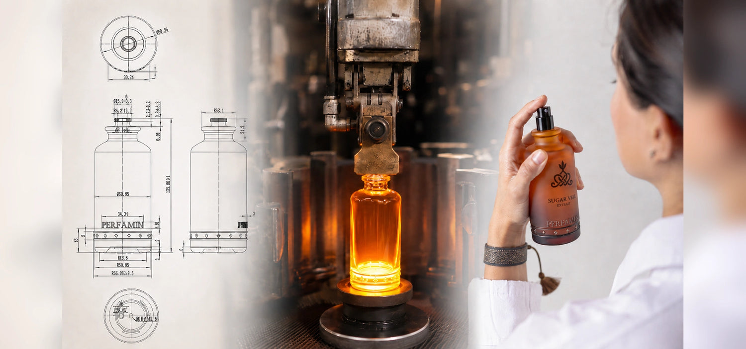 Perfamin perfume bottle design and manufacturing process from technical drawing to finished product