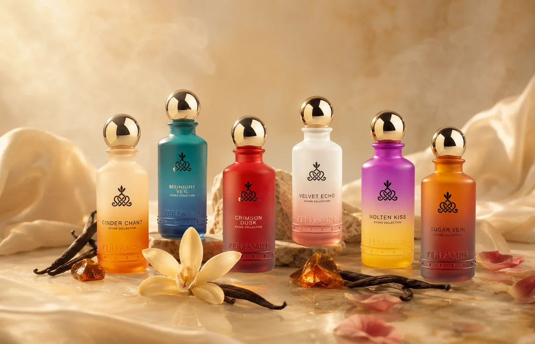 PERFAMIN vanilla perfume collection with Velvet Echo, Midnight Veil, Crimson Dusk, Molten Kiss, Sugar Vein and Cinder Chant surrounded by vanilla orchid, amber resin and rose petals