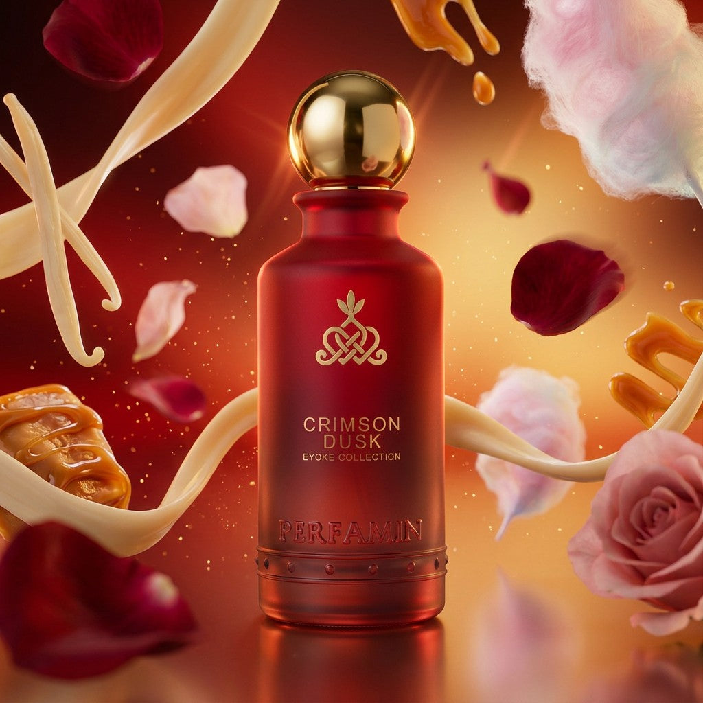 Crimson Dusk perfume notes featuring vanilla, caramel, rose and cotton candy