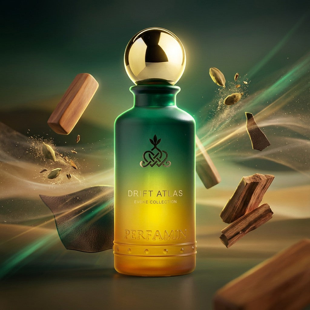 Drift Atlas perfume notes featuring sandalwood, cardamom, leather and cedarwood
