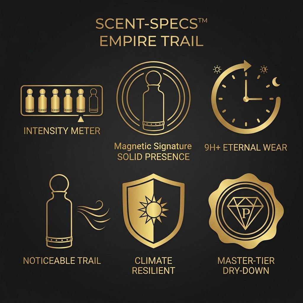 Empire Trail scent specs infographic by Perfamin showing masculine fougere fruity perfume performance, moderate sillage and leadership-ready presence