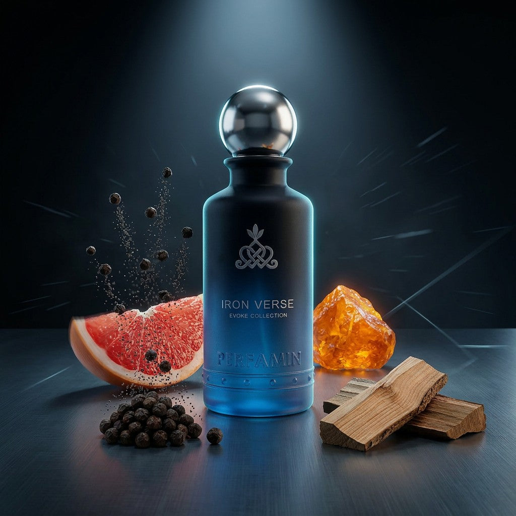 Iron Verse perfume notes featuring grapefruit, pepper, ambrox and cedarwood
