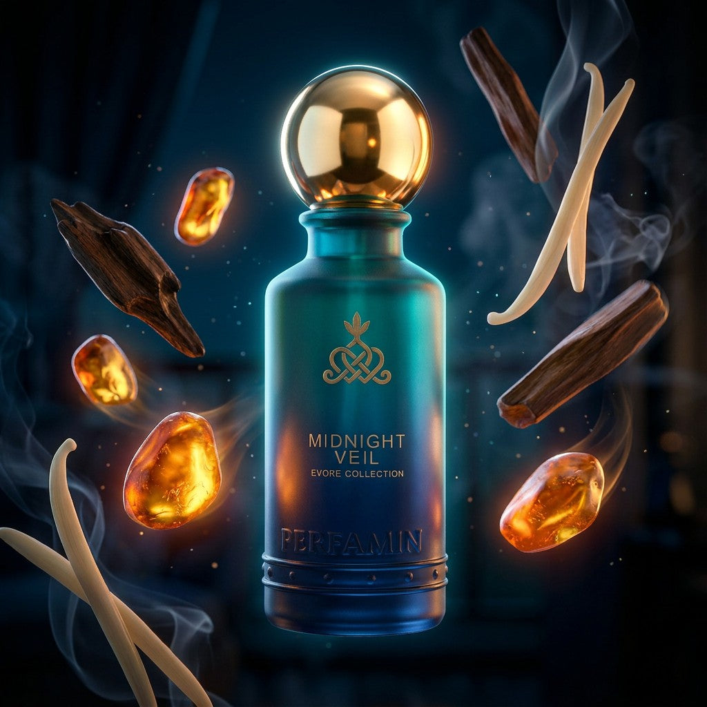 Midnight Veil perfume notes featuring oud, sandalwood, amber and vanilla