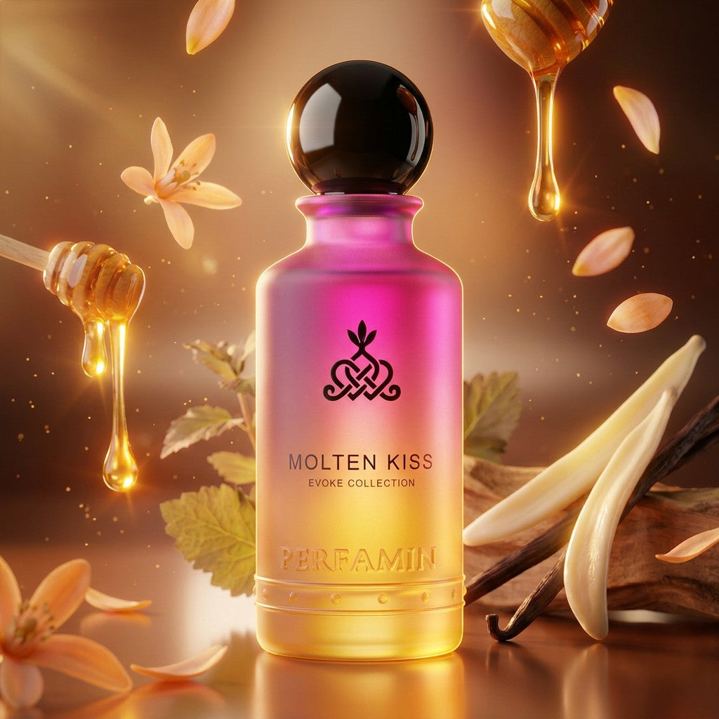 Molten Kiss perfume notes featuring honey, orange blossom, patchouli and vanilla