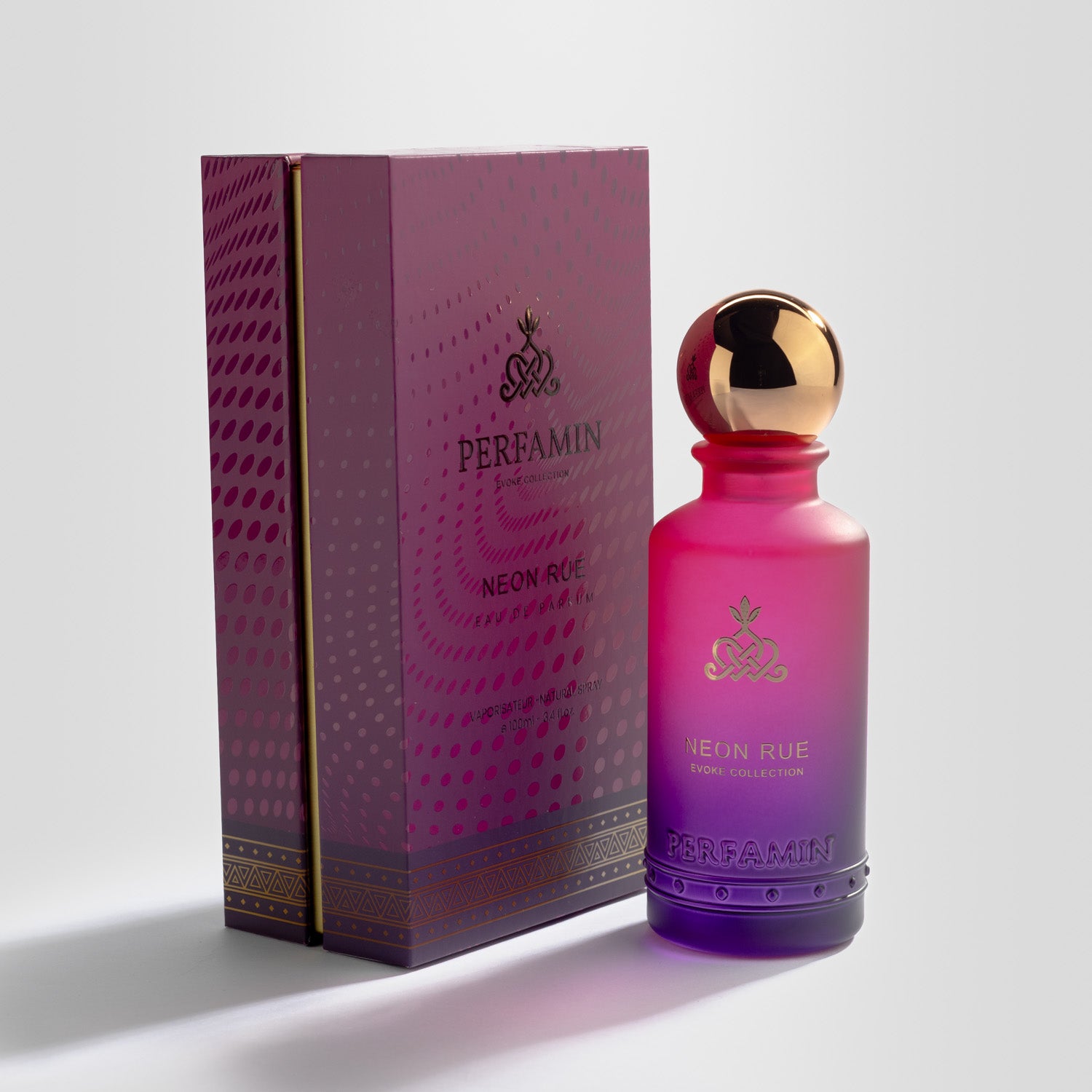 Neon Rue Perfamin Eau de Parfum bottle with matching box packaging