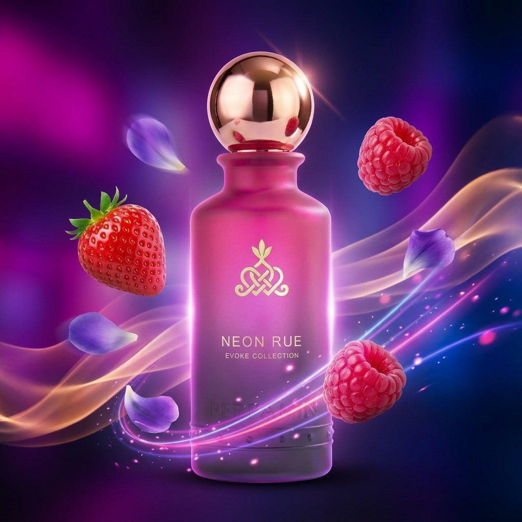 Neon Rue perfume notes featuring strawberry, raspberry, violet and musk
