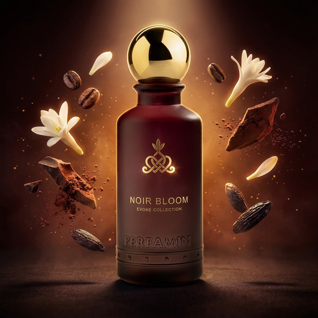 Noir Bloom perfume notes featuring coffee, tuberose, tonka and cocoa
