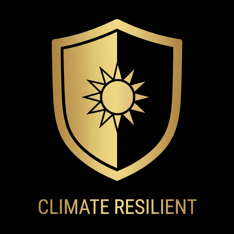 Perfamin Climate Resilient gold shield icon representing perfume that stays stable in heat and humidity.