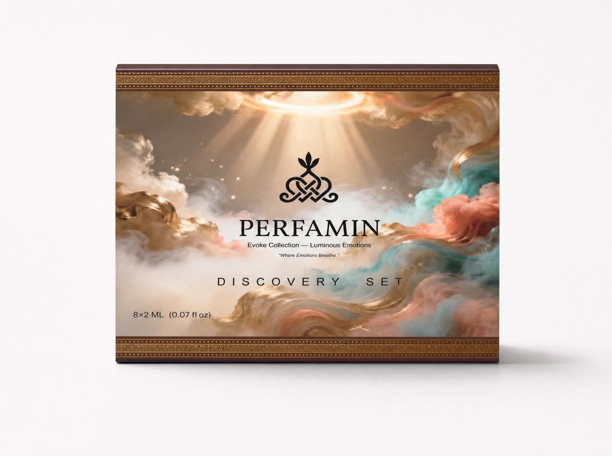 PERFAMIN Evoke Collection Luminous Emotions discovery set box with champagne blush, aqua, coral and gold clouds, containing 8 x 2ml perfume samples.