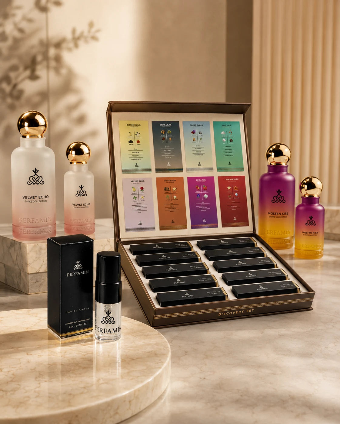 PERFAMIN discovery set with 2ml samples and full-size perfume bottles for comparing scents before buying