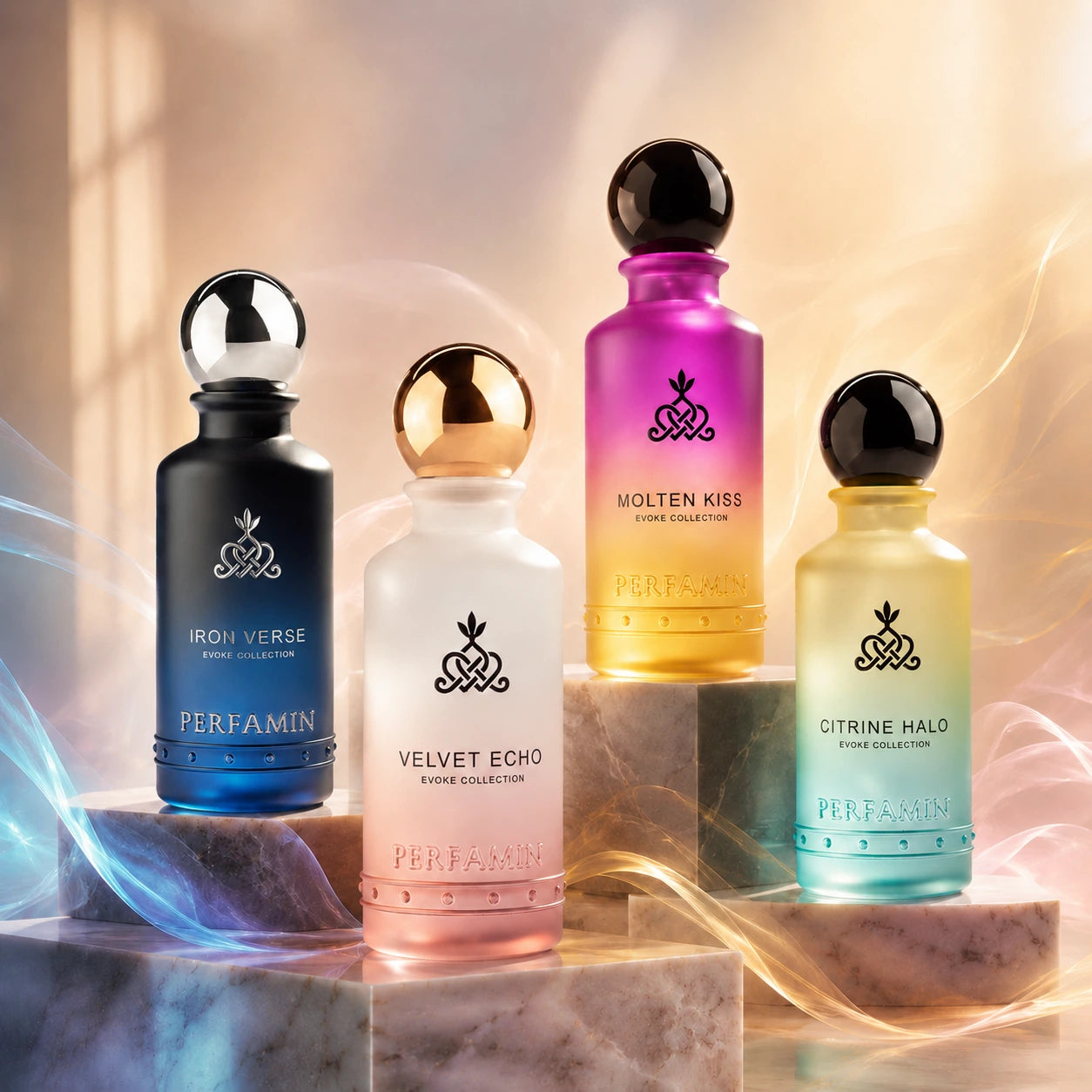Perfamin Evoke Collection perfume bottles on luxury marble pedestals for 10% off signup offer