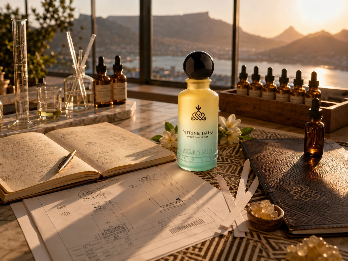 Perfamin Citrine Halo perfume bottle on a founder’s fragrance atelier desk with scent strips, lab glassware, technical bottle drawings, African-inspired pattern details, and a warm Cape Town mountain view.