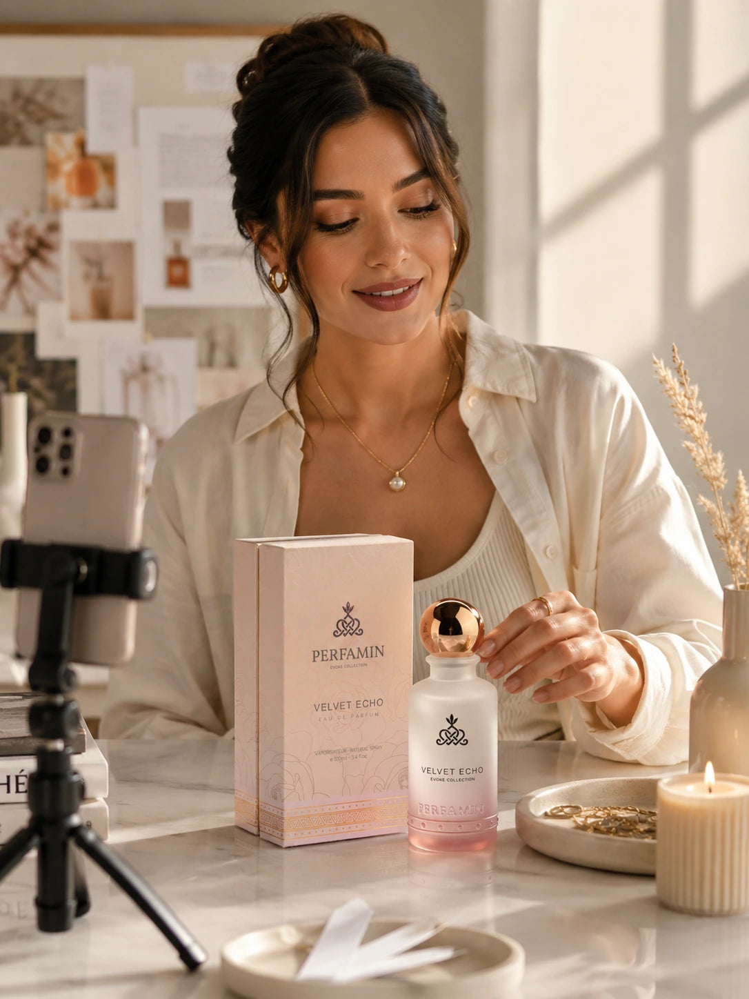 Fragrance content creator filming Perfamin perfume for social media and lifestyle storytelling