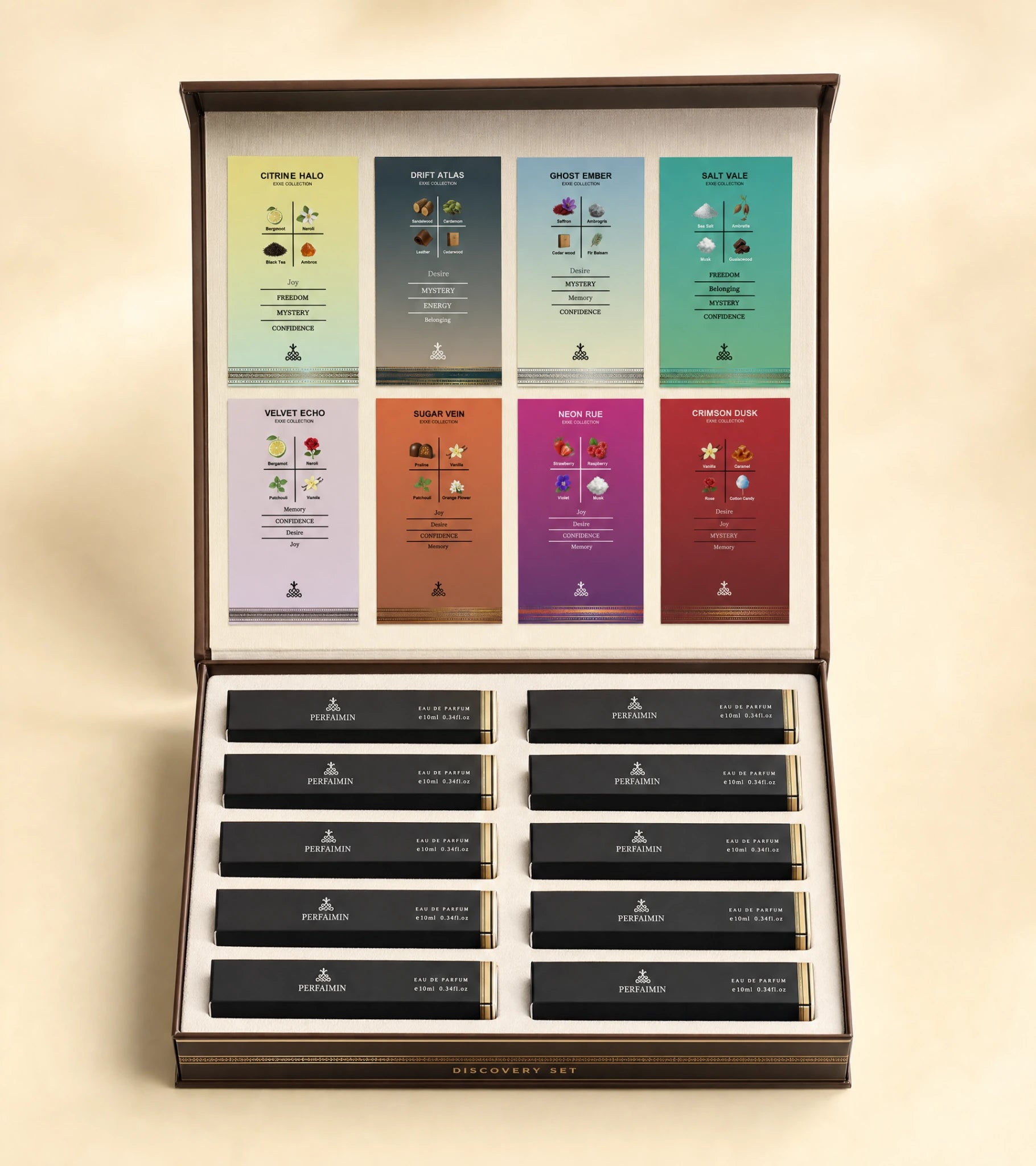 Open PERFAMIN Evoke Collection Luminous Emotions discovery set box showing fragrance cards for Citrine Halo, Drift Atlas, Ghost Ember, Salt Vale, Velvet Echo, Sugar Vein, Neon Rue and Crimson Dusk with black PERFAMIN sample bottles inside.