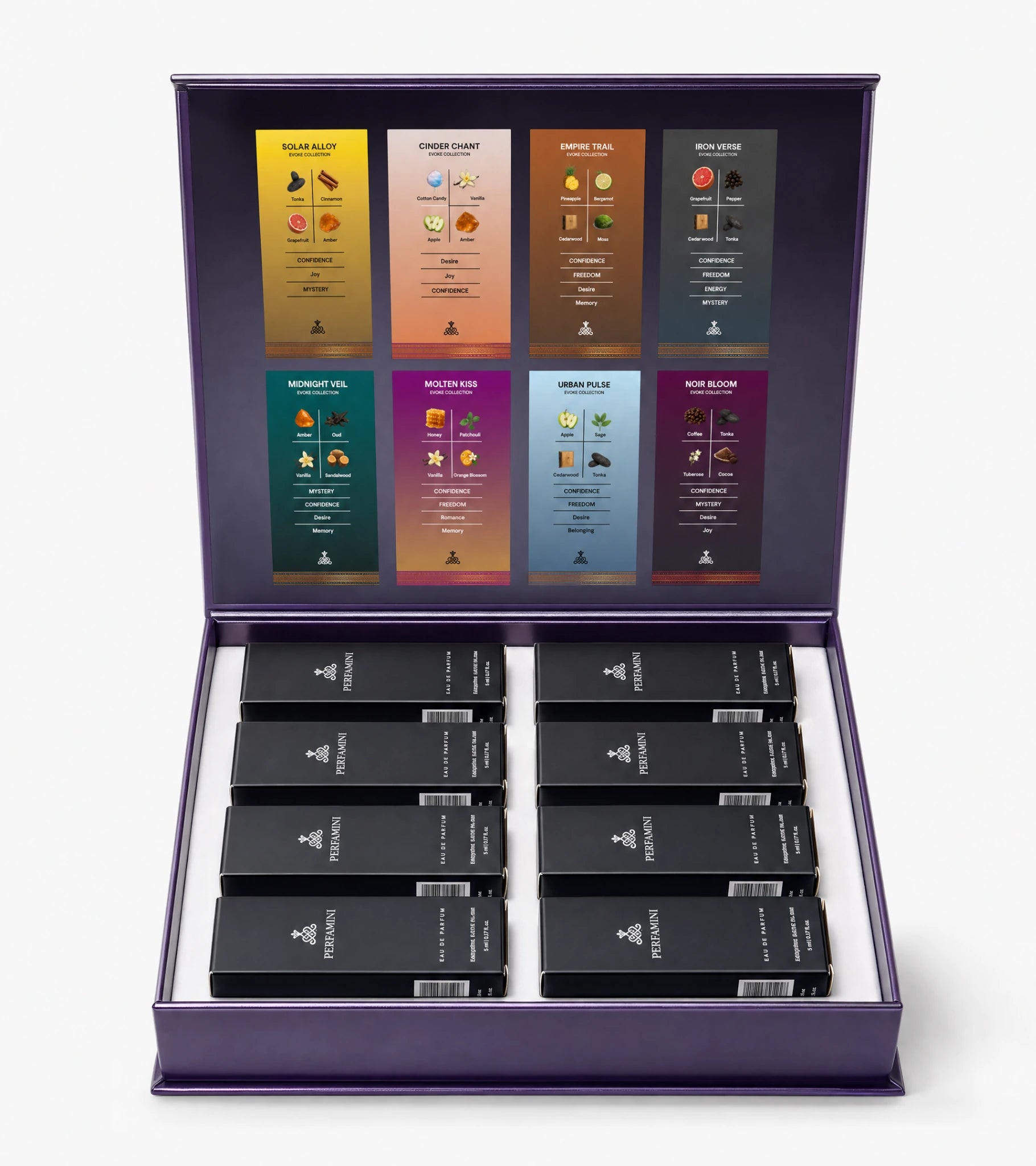 Open PERFAMIN Evoke Collection Shadows of Desire discovery set box showing fragrance cards for Solar Alloy, Cinder Chant, Empire Trail, Iron Verse, Midnight Veil, Molten Kiss, Urban Pulse and Noir Bloom with black PERFAMIN sample bottles inside.