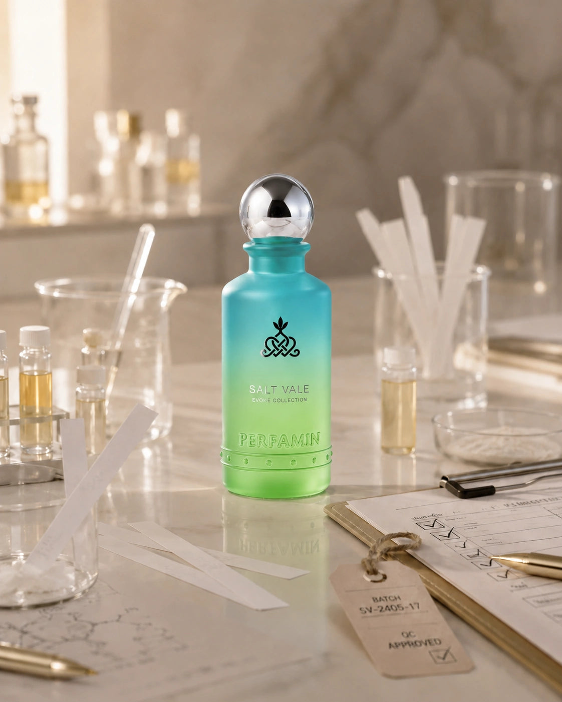 Perfamin Salt Vale perfume bottle in quality control lab with fragrance testing strips and batch approval checklist