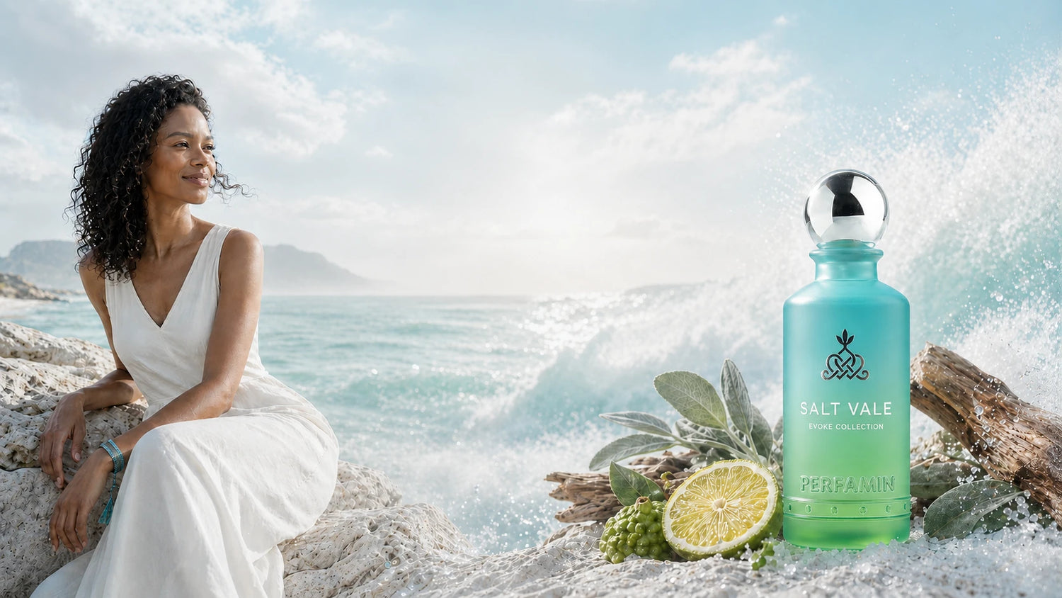 Perfamin Salt Vale unisex perfume bottle beside ocean waves and citrus notes with a woman in white, capturing a fresh airy skin scent inspired by emotional freedom.