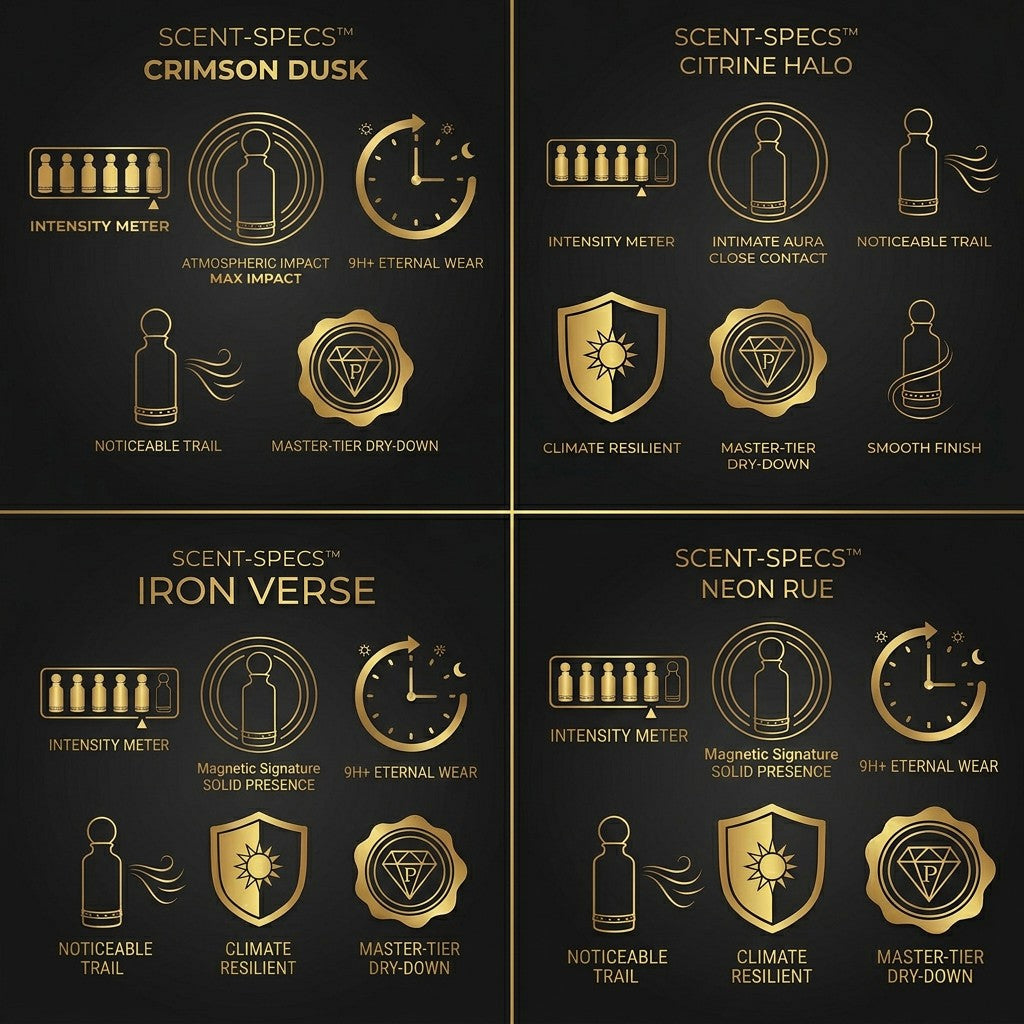 Perfamin Scent-Specs comparison chart for Crimson Dusk, Citrine Halo, Iron Verse, and Neon Rue perfumes.