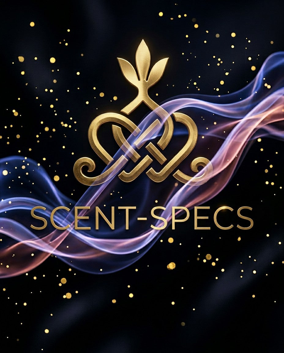 Perfamin Scent-Specs golden logo with glowing smoke effect, representing perfume performance and longevity.