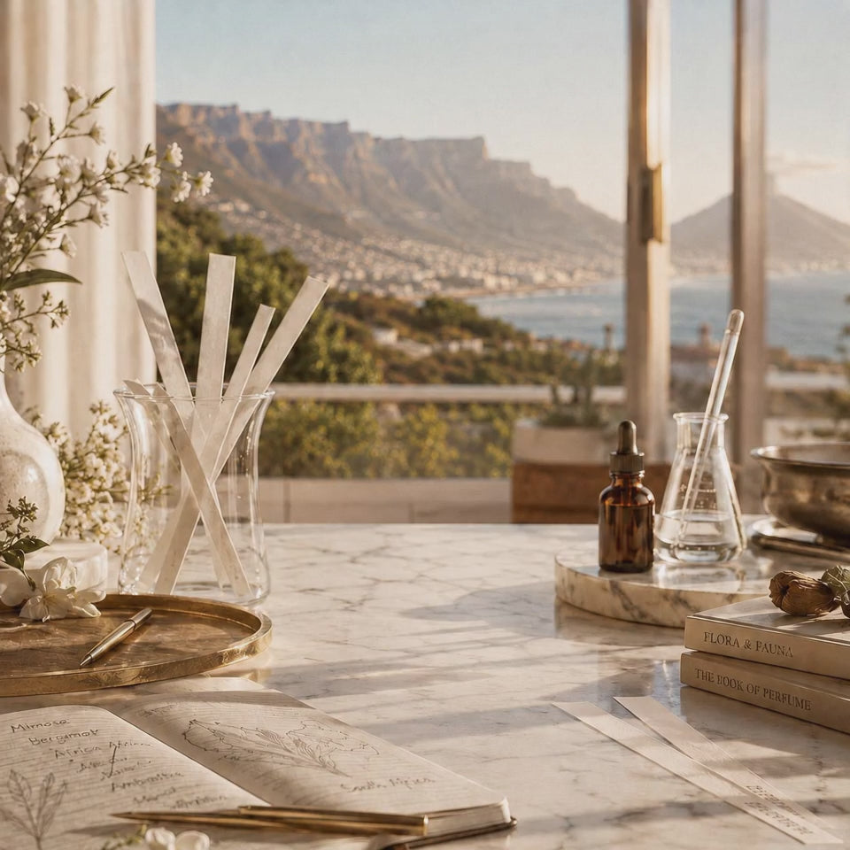 Load video: Perfamin perfume bottle forming on a luxury perfumery table with scent strips, flowers, and Cape Town’s Table Mountain in the background, representing a modern South African fragrance house.
