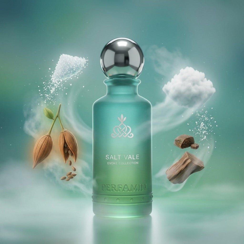 Salt Vale unisex perfume bottle by Perfamin. Fresh woody fruity fragrance featuring ambrette seeds, guaiacwood, and airy musk notes.