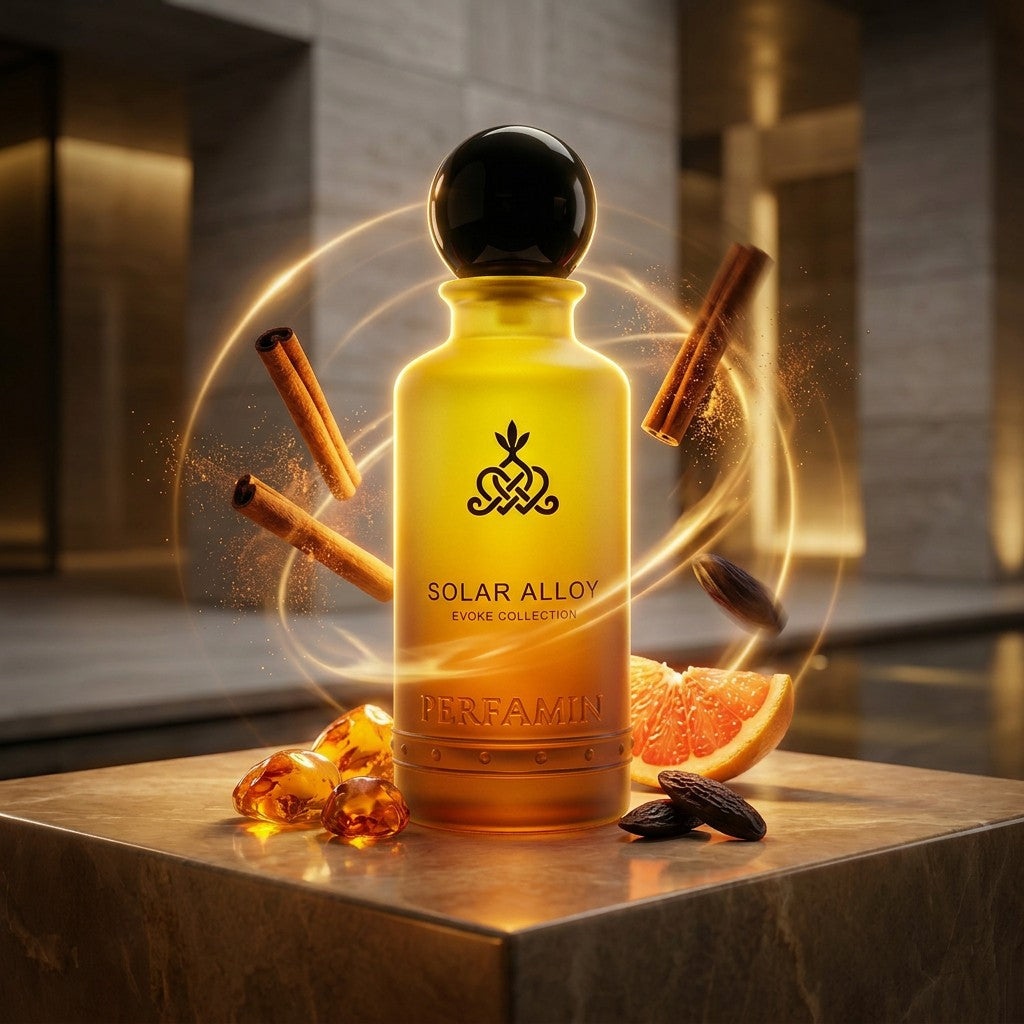 Solar Alloy perfume notes featuring grapefruit, cinnamon, amber and tonka bean