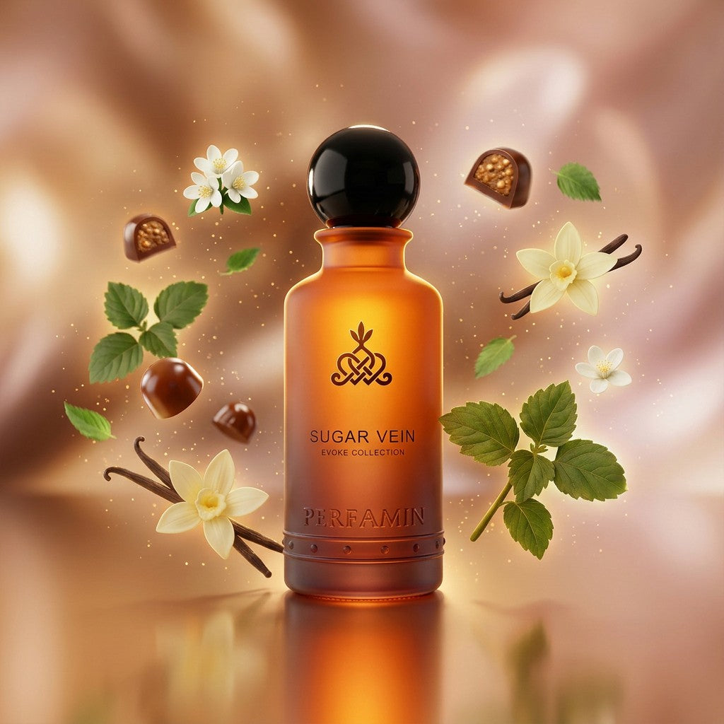 Sugar Vein perfume notes featuring praline, vanilla, patchouli and orange flower