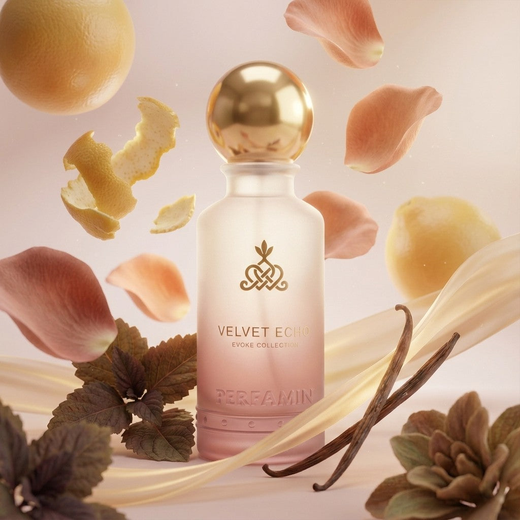 Velvet Echo perfume with bergamot, rose, patchouli and vanilla notes